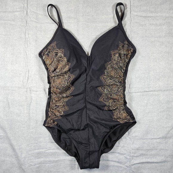 Miraclesuit Temptation Black Gold Floral One Piece Swimsuit 12 Strappy Back